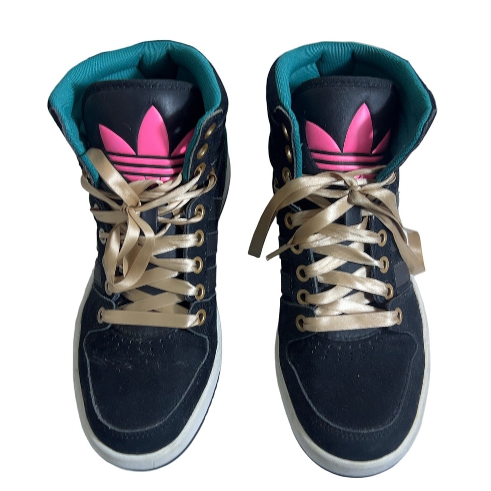 Adidas Originals Q32915 High Top Sneakers Black Teal Pink Gold Satin Size 7